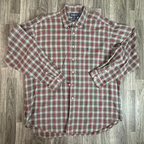 Ralph Lauren Blake XXL Plaid Shirt Green Red Tartan Long Sleeve Pony Logo Cotton - Picture 1 of 6